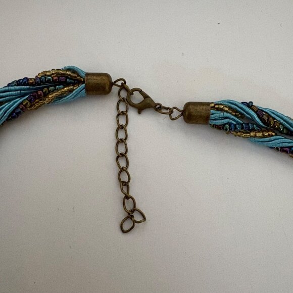 Blue Gold Tone Peacock Pendant Necklace Braided Beads Bohemian Statement NEW - Picture 6 of 7